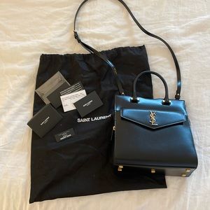 YSL Uptown Small Shiny Smooth Leather Tote Bag in Black - Yves Saint Laurent